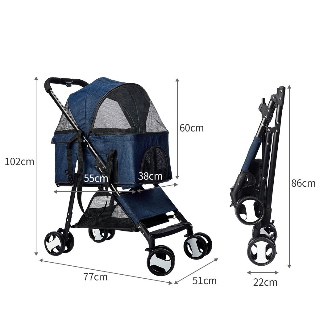 Large Travel Foldable Pushchair Pet Stroller 3 in 1 - Blue-2