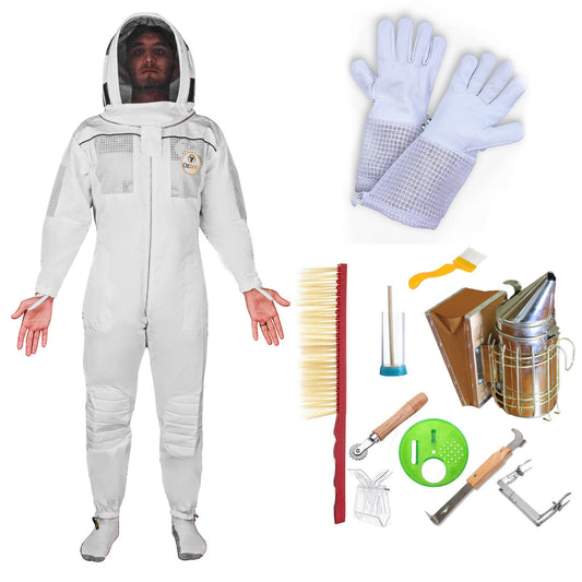 Beekeeping Starter Kit For Beekeepers With OZ Bee Semi Ventilated Hoodie Style Suit Protective Gear-0